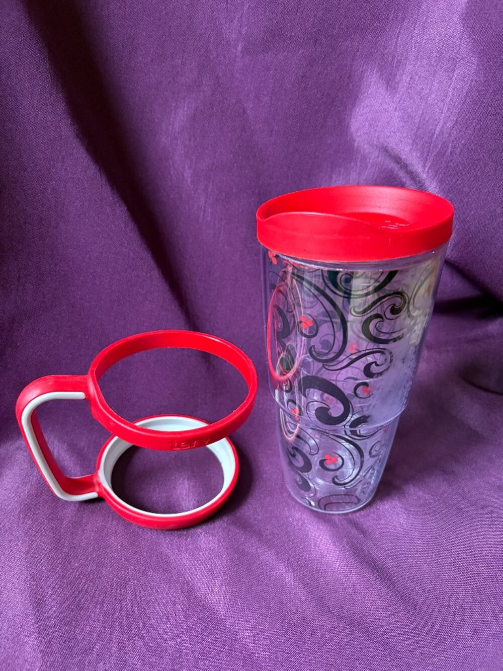 Tervis Swirl Travel Tumbler 24 oz Handle & Lid Red Black Clear Insulated Cup